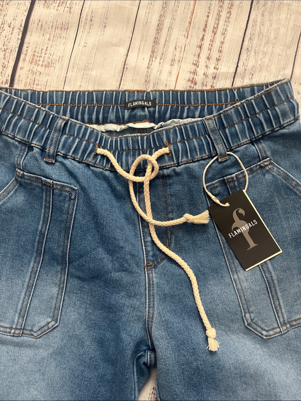 Flamingals High Waist , Wide Leg Drawstring Cropped Blue Denim Jeans XL - Picture 9 of 9